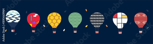 Colorful Hot Air Balloons Vector Illustration, Retro Travel Background, Vintage Balloon Festival Pattern, Decorative Air Balloon Design, Cute Adventure Flight Artwork, Flat Cartoon Style