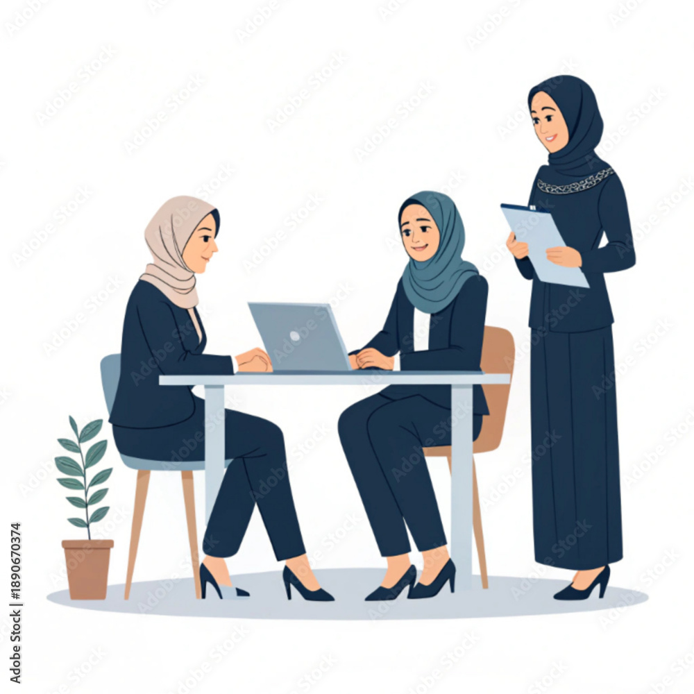 Fototapeta premium Three Muslim women in business attire collaborating in an office setting, discussing work on a laptop