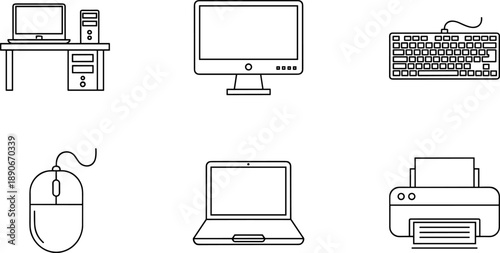 Collection of computer hardware icons including desktop, laptop, monitor, keyboard, mouse, and printer