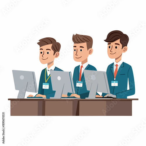 Professional illustration of a diverse team of male employees diligently working on computers in a modern office, showcasing dedicated business productivity and collaborative effort