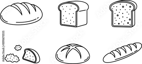 Collection of various bread types in a simple outline drawing style