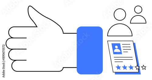 Thumbs-up gesture, user profiles, and document with star rating visualizing approval, review, and quality assessment. Ideal for customer feedback, hiring, evaluation, teamwork service quality user