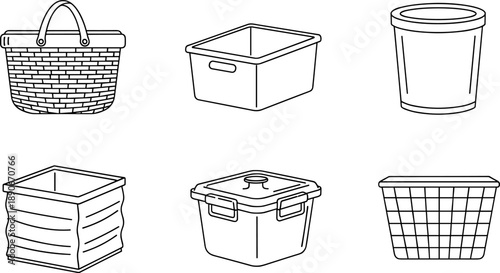 Collection of various storage containers and baskets in a clean line art style