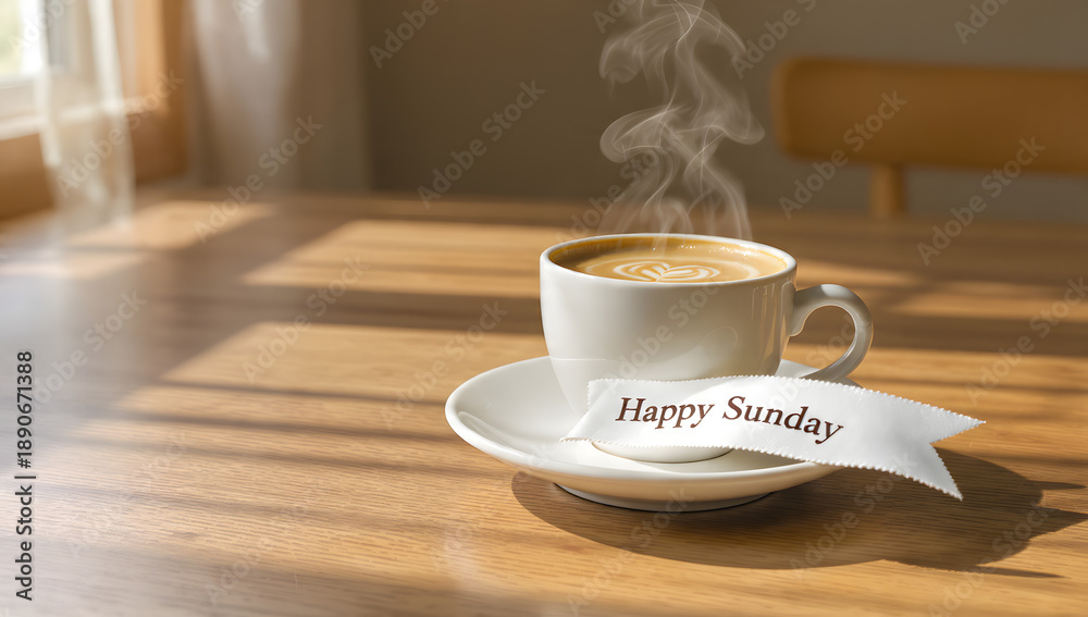 Obraz premium Minimalist Coffee Cup with Happy Sunday Greeting