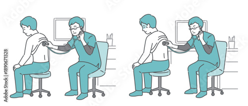 スクラブを着用した男性医師による男性の背中の聴診イラストセット（正常・異常/体調不良）