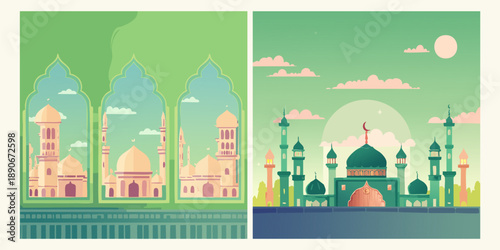 Vector illustration of a historic islamic building and landmark tower set within a scenic forest landscape featuring architectural design elements of a religious monument and cultural tourism symbol