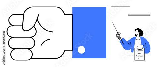 Powerful clenched fist symbolizing strength and leadership paired with a professional educator explaining concepts using a pointer and document. Ideal for empowerment, teamwork, education