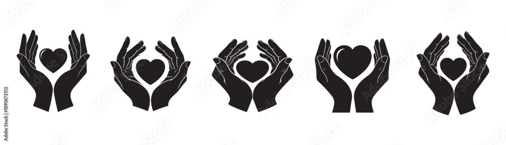 Obraz premium Silhouettes of hands gently surrounding and holding heart shapes in five variations, representing care, love, protection, and emotional support in a minimalist black and white illustration. 