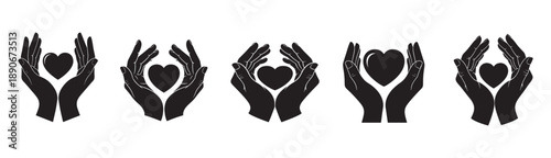 Silhouettes of hands gently surrounding and holding heart shapes in five variations, representing care, love, protection, and emotional support in a minimalist black and white illustration. 