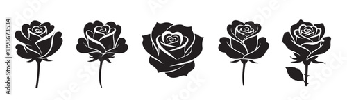Black silhouette illustrations of five rose flowers in various blooming styles with heart-shaped petals, showcasing beauty, elegance, and romance in minimalist floral design. 