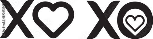 Bold black XO symbol with heart shapes replacing the letter O in two unique minimalist styles on white background, Concept of love, affection, communication and Valentine's symbolism