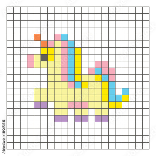 A flat pixel design made of geometric square color blocks on a clean grid layout. Pixel art fantasy pony