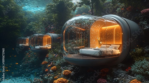 Underwater hotel rooms with coral reefs.