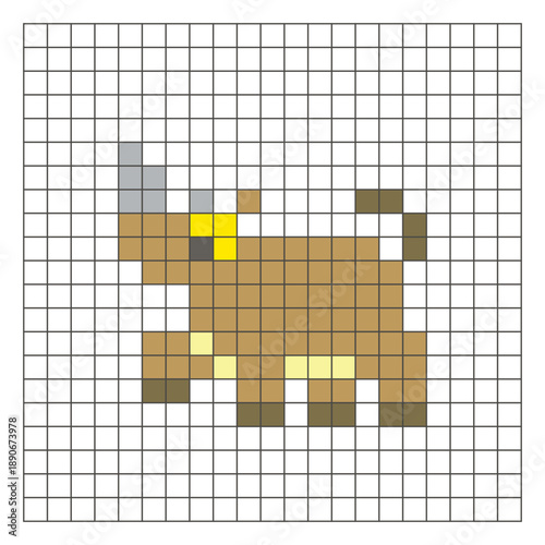 A flat pixel design made of geometric square color blocks on a clean grid layout. Pixel art rhinoceros