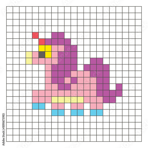 A flat pixel design made of geometric square color blocks on a clean grid layout. Pixel art fantasy pony