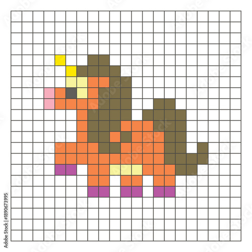 A flat pixel design made of geometric square color blocks on a clean grid layout. Pixel art fantasy pony