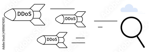 Missiles labeled DDoS representing attacks heading toward a magnifying glass symbolizing detection and cybersecurity defense. Ideal for network security, threat detection, risk management, IT