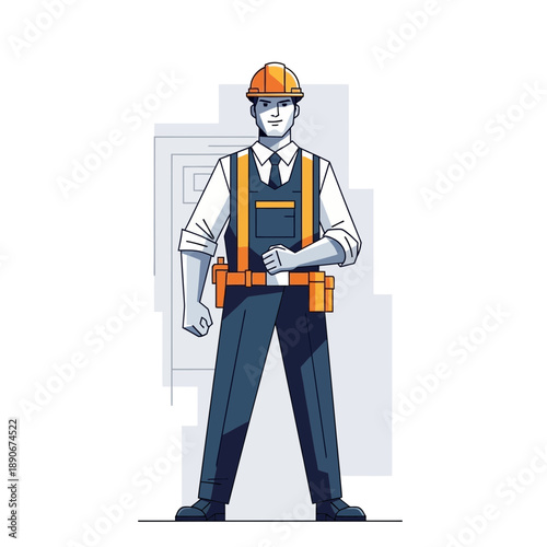 Construction worker in safety gear, confident stance, illustration