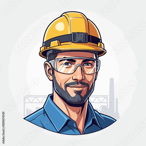 Construction worker with hard hat and safety glasses, industrial background