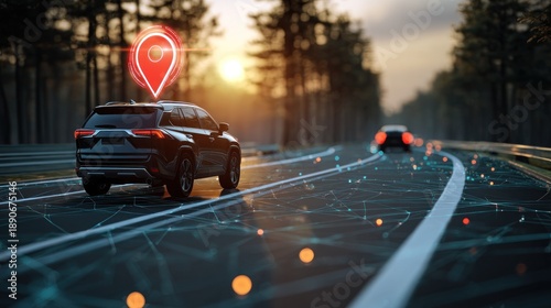 Car driving on road with navigation