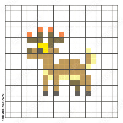 A flat pixel design made of geometric square color blocks on a clean grid layout. Pixel art deer