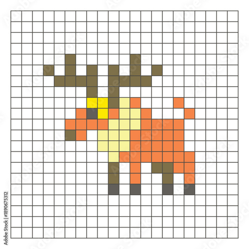 A flat pixel design made of geometric square color blocks on a clean grid layout. Pixel art moose