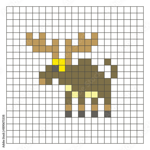 A flat pixel design made of geometric square color blocks on a clean grid layout. Pixel art moose
