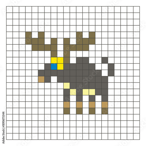 A flat pixel design made of geometric square color blocks on a clean grid layout. Pixel art moose