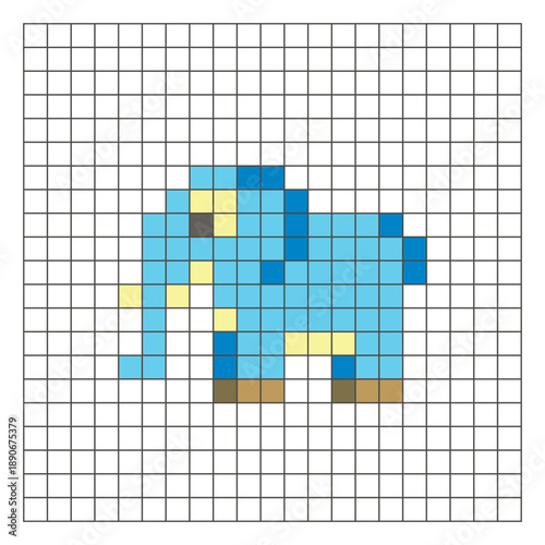 A flat pixel design made of geometric square color blocks on a clean grid layout. Pixel art elephant