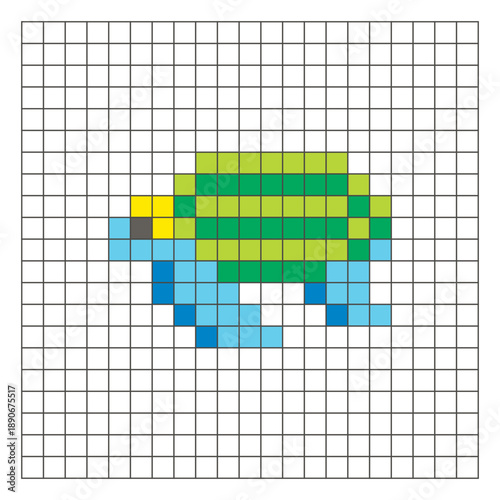 A flat pixel design made of geometric square color blocks on a clean grid layout. Pixel art turtle