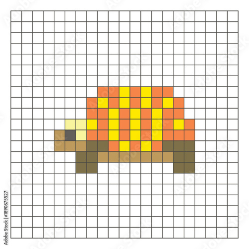 A flat pixel design made of geometric square color blocks on a clean grid layout. Pixel art tortoise