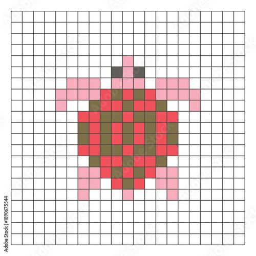 A flat pixel design made of geometric square color blocks on a clean grid layout. Pixel art turtle