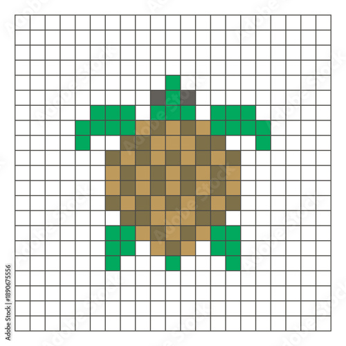 A flat pixel design made of geometric square color blocks on a clean grid layout. Pixel art turtle
