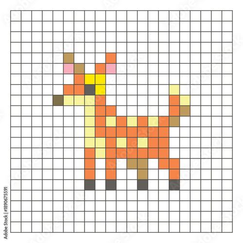 A flat pixel design made of geometric square color blocks on a clean grid layout. Pixel art mouse deer