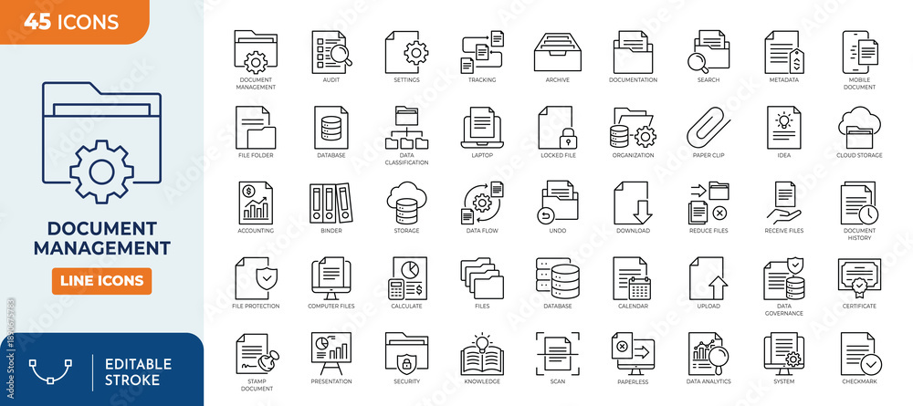 Fototapeta premium Document management line editable icon set. Contain icons related to Document, management, organization, folder, archive, storage, and more. Editable stroke. Vector illustration