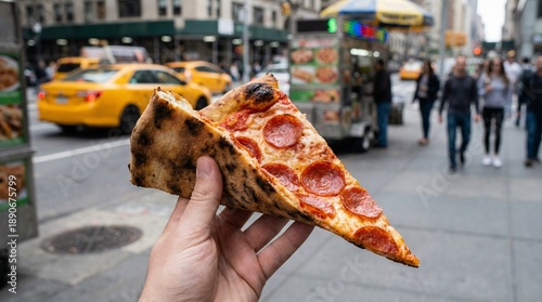 A mouthwatering slice of pizza held up, with the bustling city in the background. The pizza slice has a crispy crust and topped with pepperoni