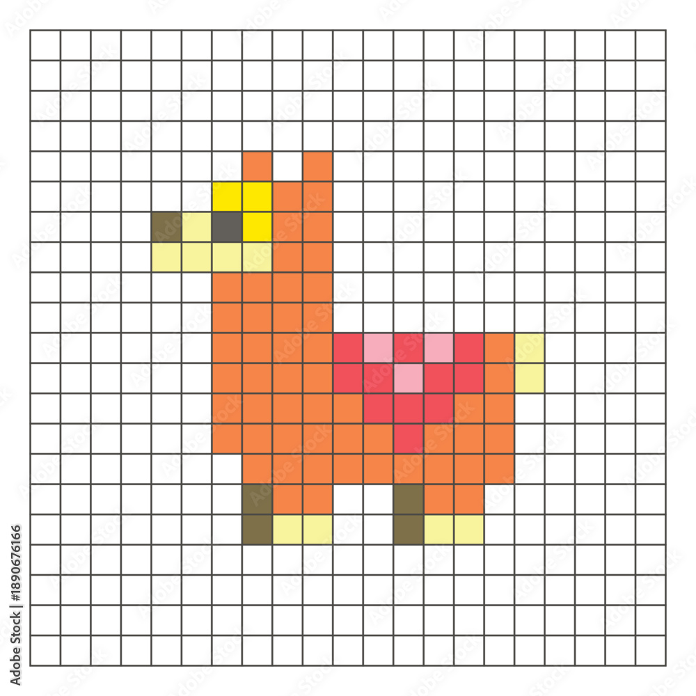 Obraz premium A flat pixel design made of geometric square color blocks on a clean grid layout. Pixel art llama