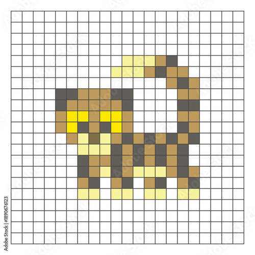 A flat pixel design made of geometric square color blocks on a clean grid layout. Pixel art snow leopard