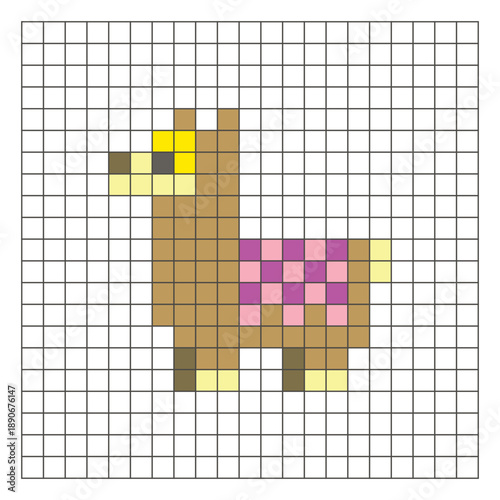 A flat pixel design made of geometric square color blocks on a clean grid layout. Pixel art llama