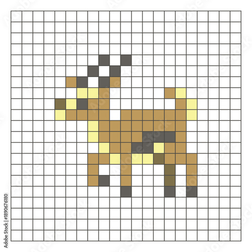 A flat pixel design made of geometric square color blocks on a clean grid layout. Pixel art antelope