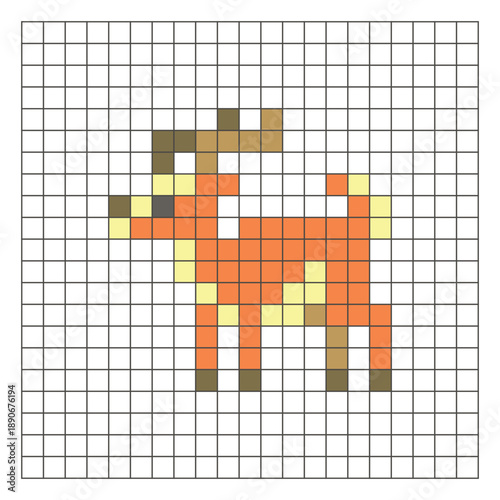 A flat pixel design made of geometric square color blocks on a clean grid layout. Pixel art antelope