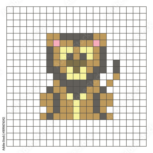 A flat pixel design made of geometric square color blocks on a clean grid layout. Pixel art lion