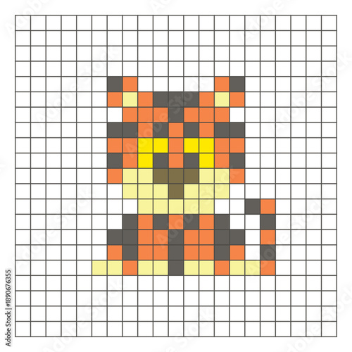 A flat pixel design made of geometric square color blocks on a clean grid layout. Pixel art tiger
