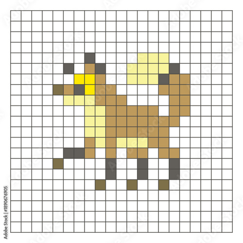 A flat pixel design made of geometric square color blocks on a clean grid layout. Pixel art fox