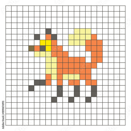 A flat pixel design made of geometric square color blocks on a clean grid layout. Pixel art fox