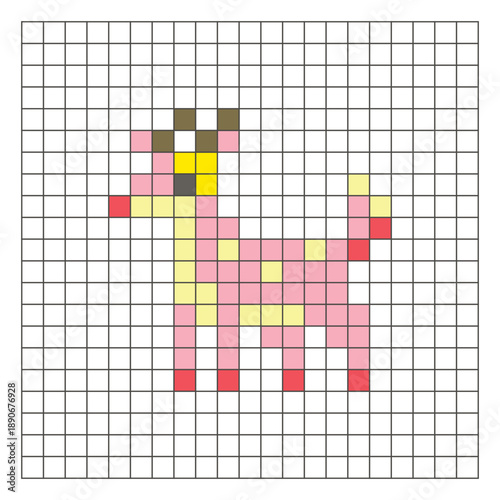 A flat pixel design made of geometric square color blocks on a clean grid layout. Pixel art deer