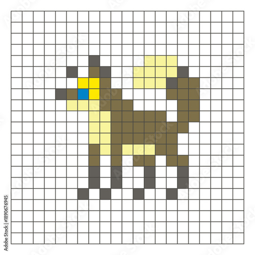 A flat pixel design made of geometric square color blocks on a clean grid layout. Pixel art fox