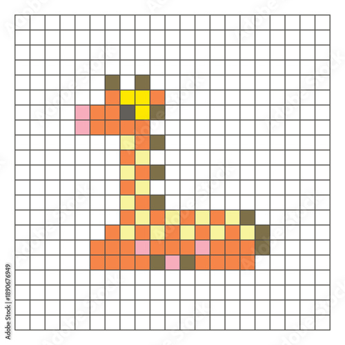 A flat pixel design made of geometric square color blocks on a clean grid layout. Pixel art giraffe