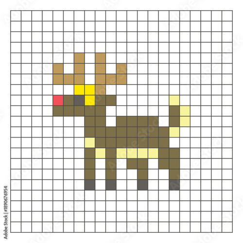 A flat pixel design made of geometric square color blocks on a clean grid layout. Pixel art deer