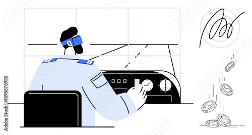 Technology, digital security, financial operations, authentication, automation, remote control. A person interacting with control panels, wearing a visor. Financial operations and digital security